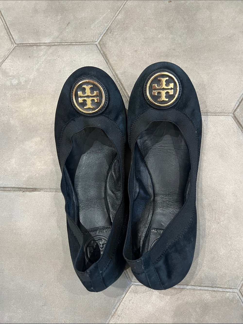 Tory Burch Black Ballet Flats with Gold Logo Medallion